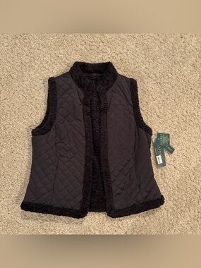 NWT Ralph Lauren Reversible Black Faux Persian Lamb Vest Size Petite Medium